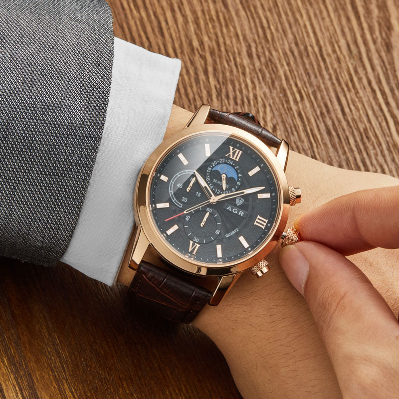 Luxe Herenhorloge van Leer met Kwartsbeweging