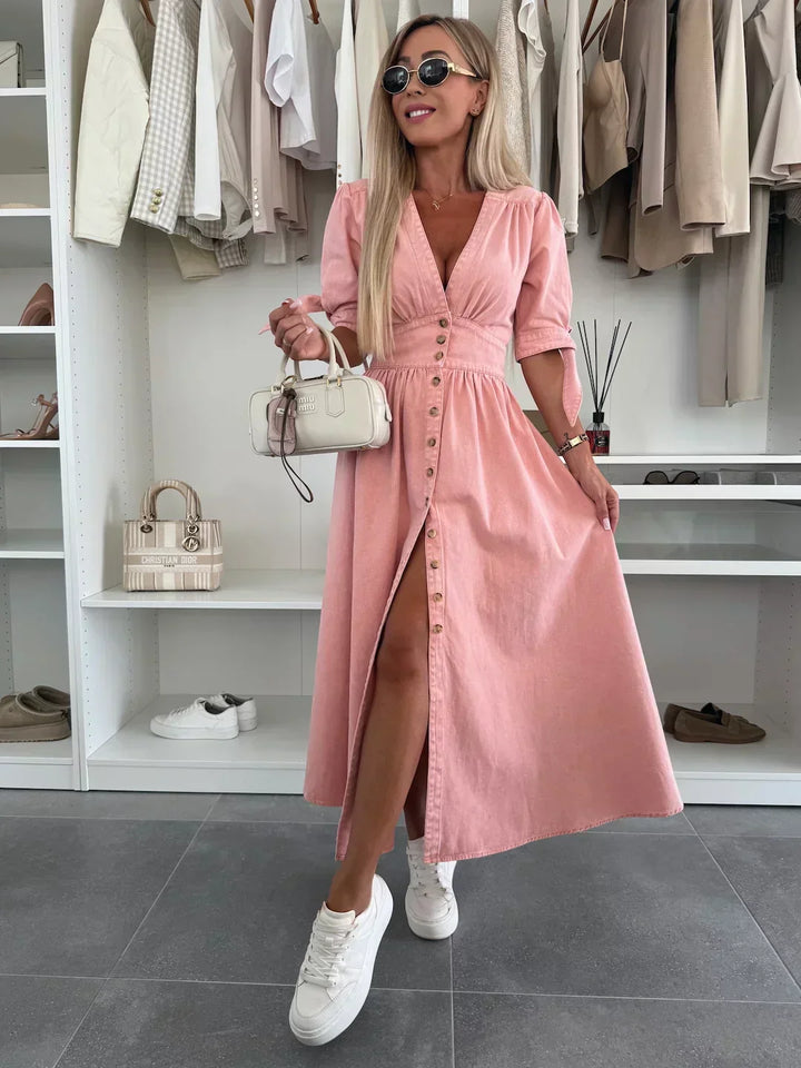 Nelya™ | Elegante Jeansjurk met Houten Knopen